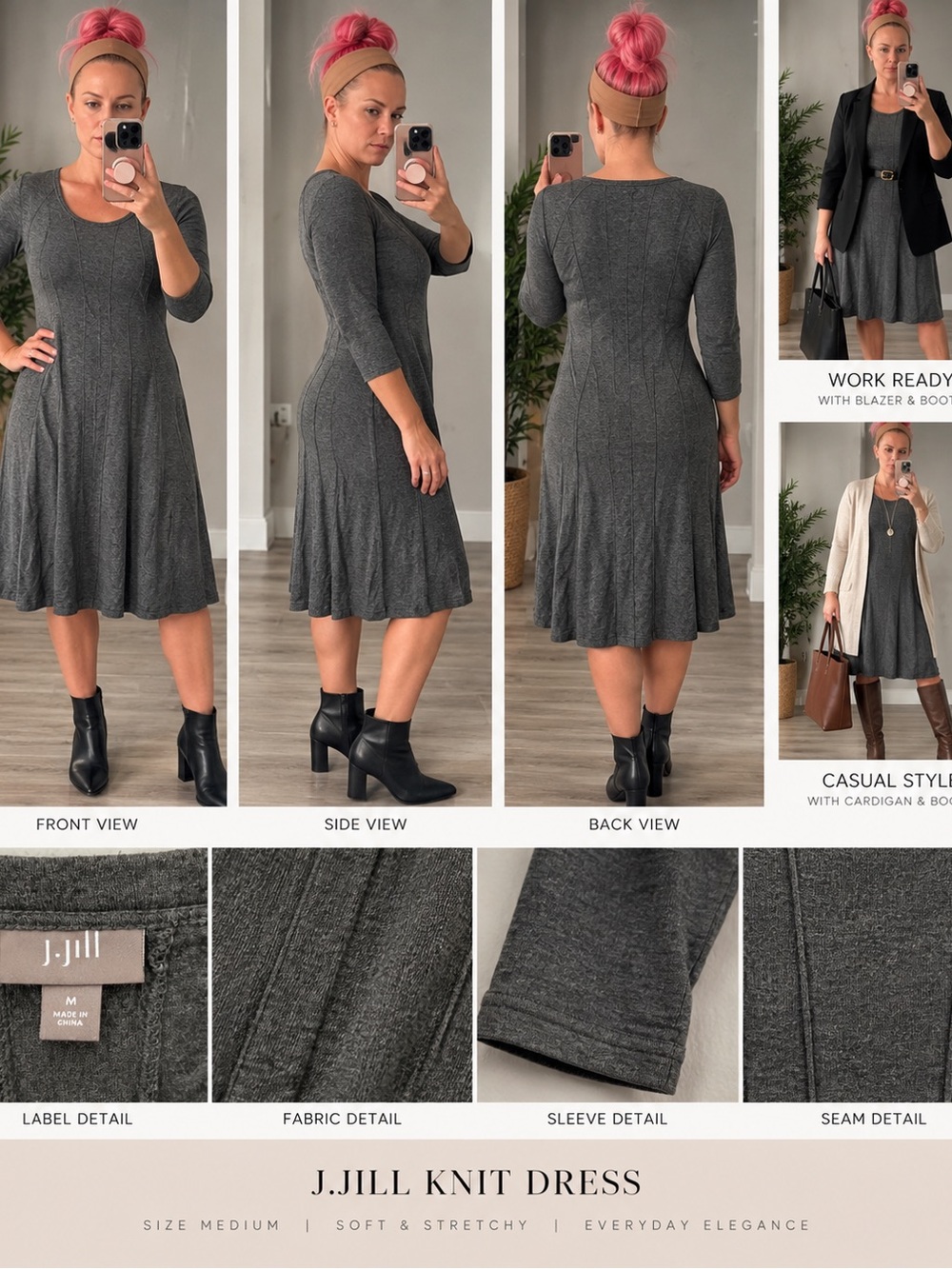 J. Jill Charcoal Gray Fit-and-Flare Knit Dress